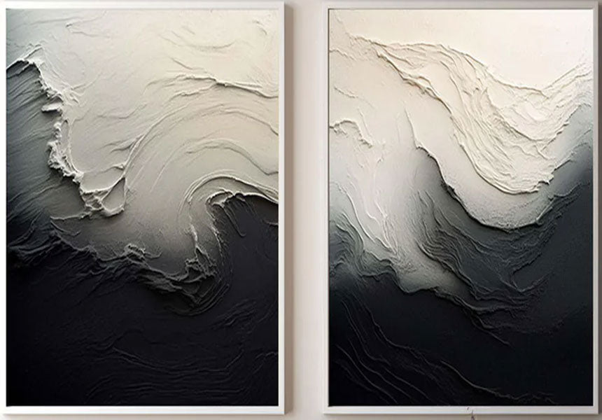 Black & White 3D Texture Abstract Art, Modern Pair #TB 032