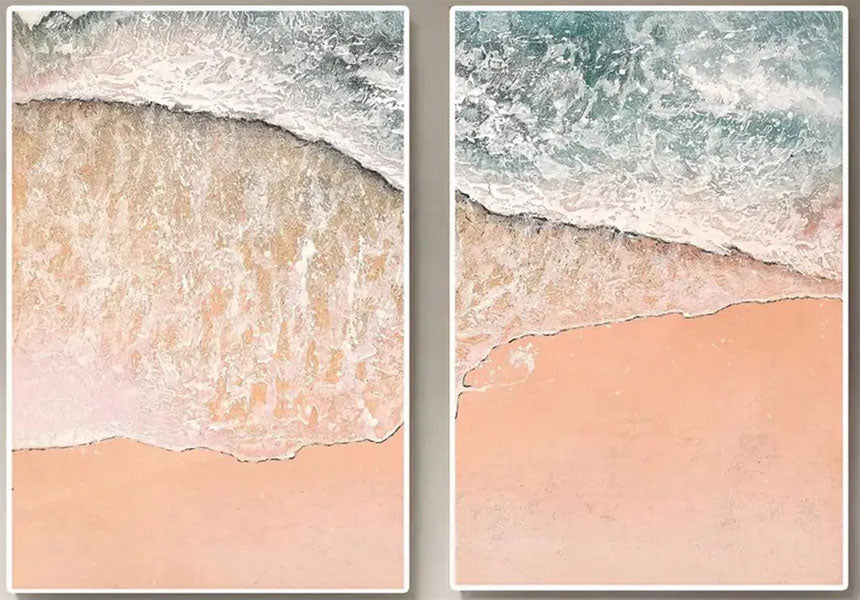 Handmade Pink Beach Art - Pale Blue Ocean View Wall Decor #JJ 197