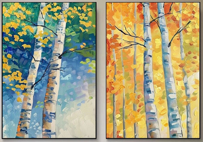 Textured Aspen Tree Set Hand-Painted Oil Paintings | Seasonal Wall Art Duo #JJ 327