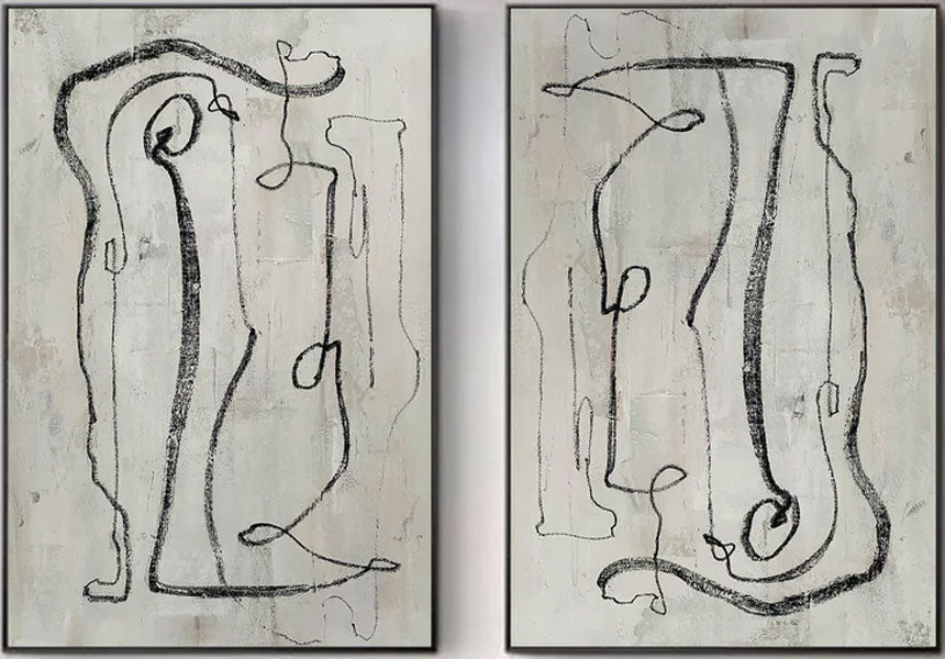 Modern Minimalist Abstract Diptych, Bold Black Lines #TB 085