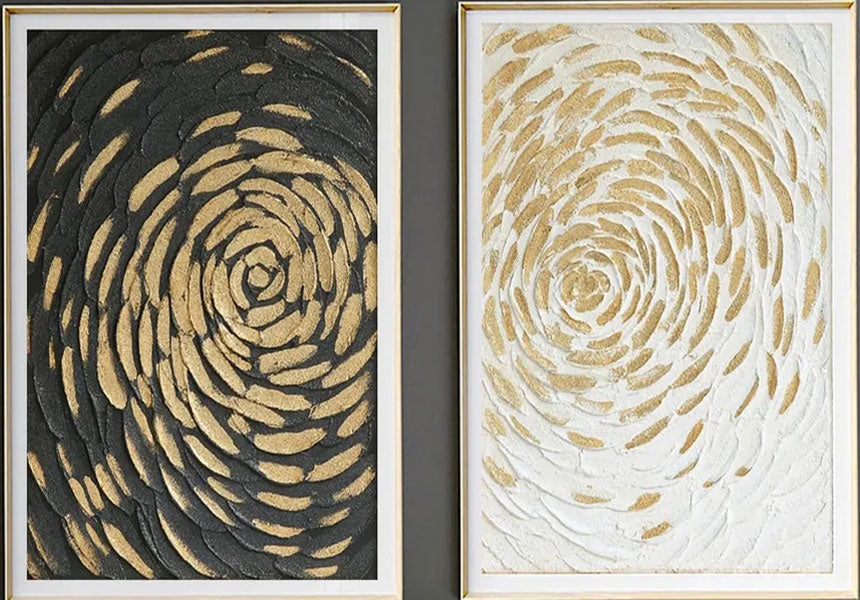 Gold Swirl Textured Abstract Diptych - Black & White Art #JJ 047