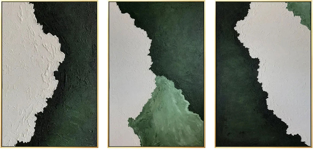 Modern Textured Green & White Wall Art-Abstract Art Set #JJ 213
