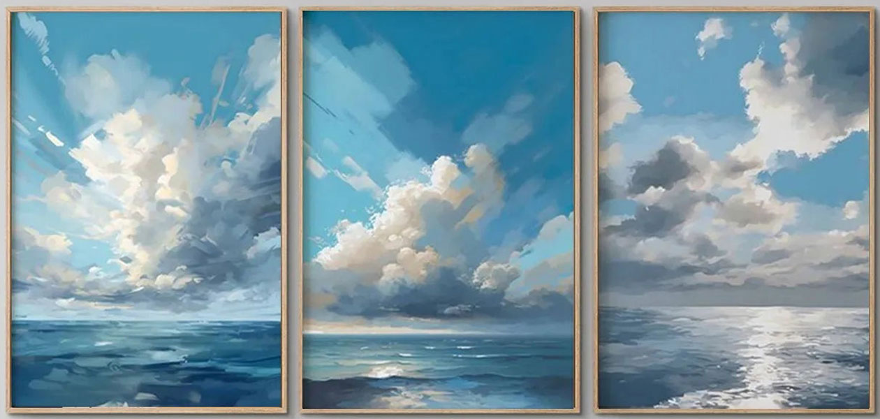 Sky Ocean Triptych - Serene Blue & White Art #JJ 203