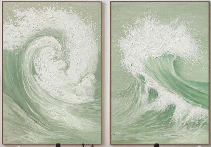 Green & White Wave Art Set - Textured Coastal Paintings #JJ 194