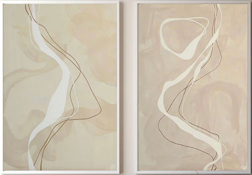 Modern Minimalist Abstract Line Art, Beige Elegant Diptych #TB 056
