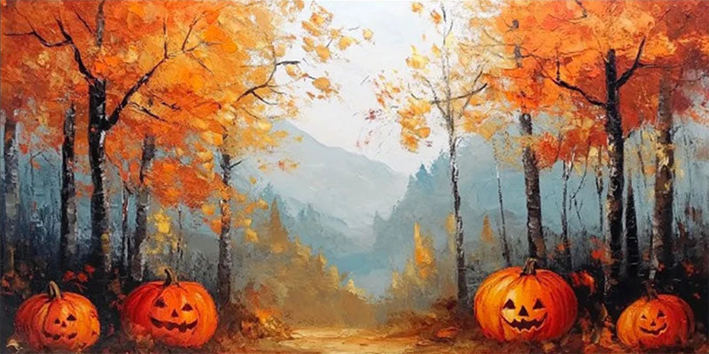 Contemporary Halloween Artwork | Modern Forest & Pumpkin Art #JJ 320