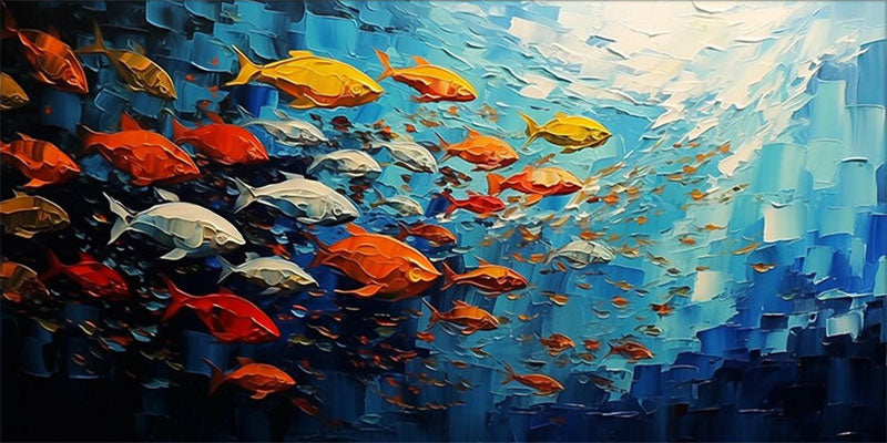Large Abstract Oil Painting Fish Wall Art - Ocean Painting #JJ 242