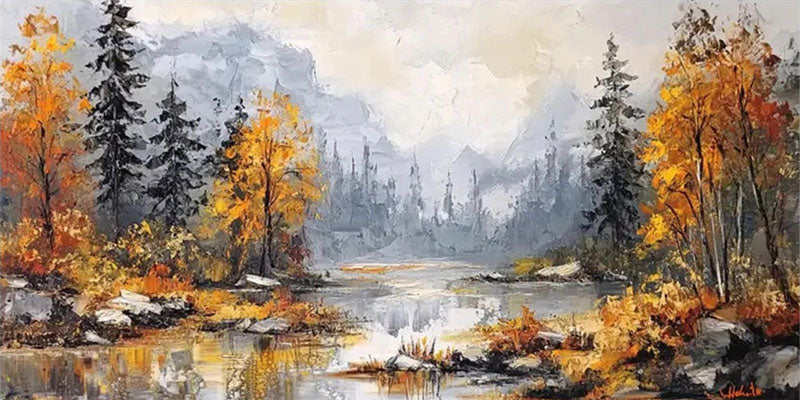 Autumn Forest Landscape Painting | Panoramic Abstract Canvas Art #JJ 338
