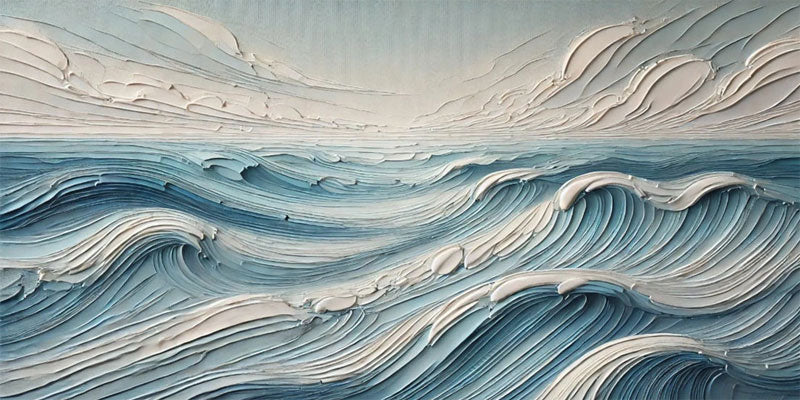 Wide Calm Ocean Wave Textured Abstract - Blue and White Minimalist Oil Painting #JJ 166