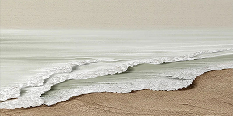 Wide Calm Coastal Sand and Sea Textured Abstract - Beige White Oil Painting #JJ 173