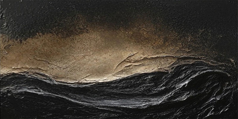 Oversize Black Gold White Textured Abstract Oil Painting - Modern Art #JJ 176