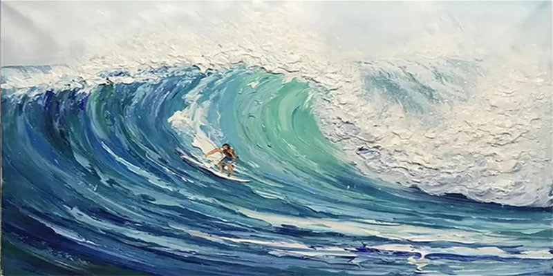 Summer Blue Ocean Surfing Textured Abstract Canvas Painting #JJ 244