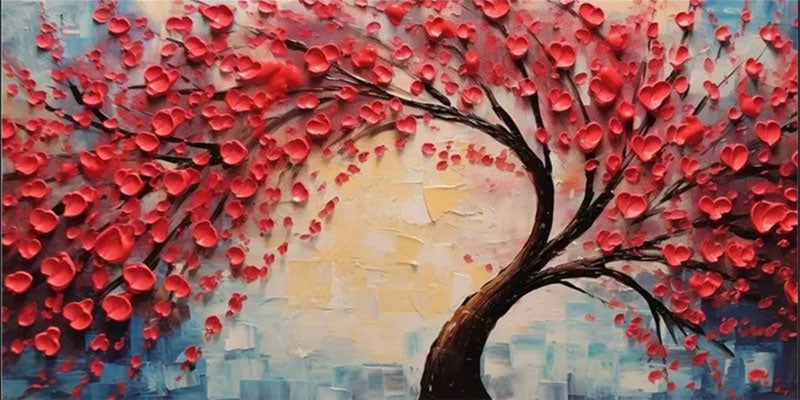 Red Blossom Tree Painting | Textured Abstract Floral Landscape #JJ 336