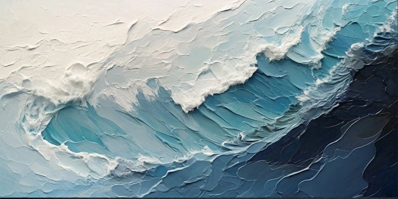 Horizontal Blue and White Textured Wave Abstract Oil Painting - Modern Art #JJ 162