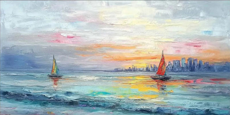 Sunset Seascape Sailboats City Abstract Oil Painting for Home Decor #JJ 181