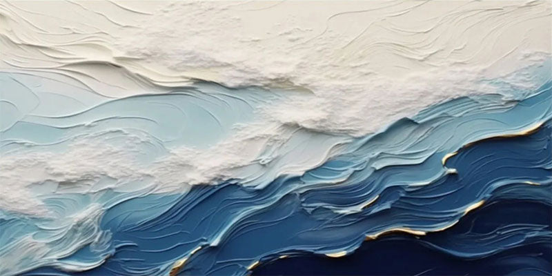 Wide Format Blue and White Textured Wave Abstract Oil Painting - Modern Ocean Art #JJ 167