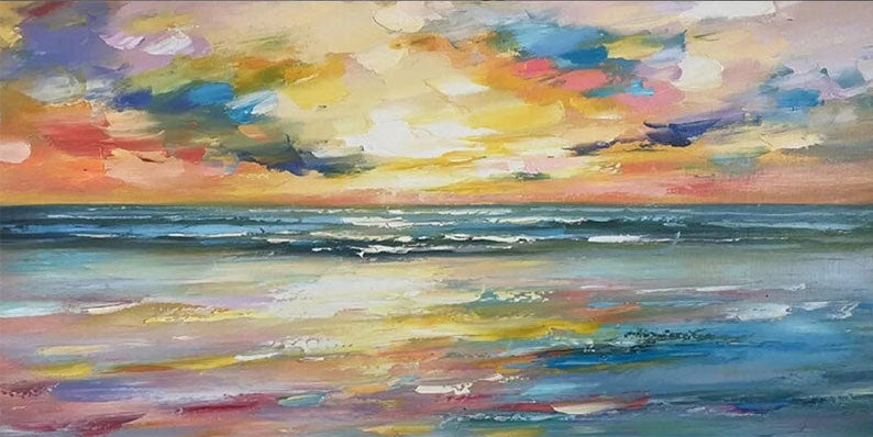 Colorful Sunset Seascape Art - Textured Ocean Oil Painting #JJ 192