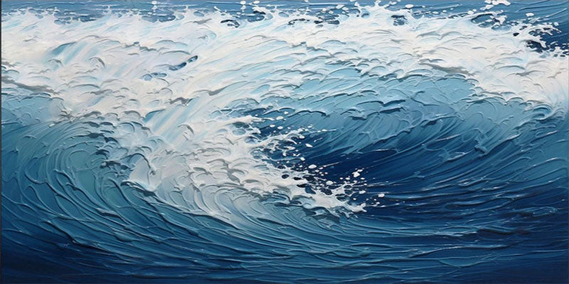 Large Horizontal Wave Abstract - Blue and White Textured Ocean Oil Painting #JJ 164