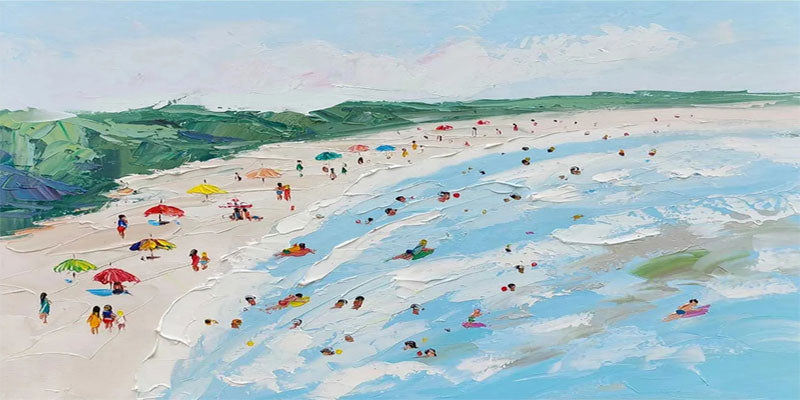 Large Horizontal Cheerful Beach Abstract - Colorful Vacation Oil Painting #JJ 168