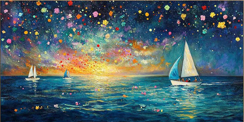 Modern Art Night Sailboat Painting, Vibrant Color Ocean Decor #TB 045