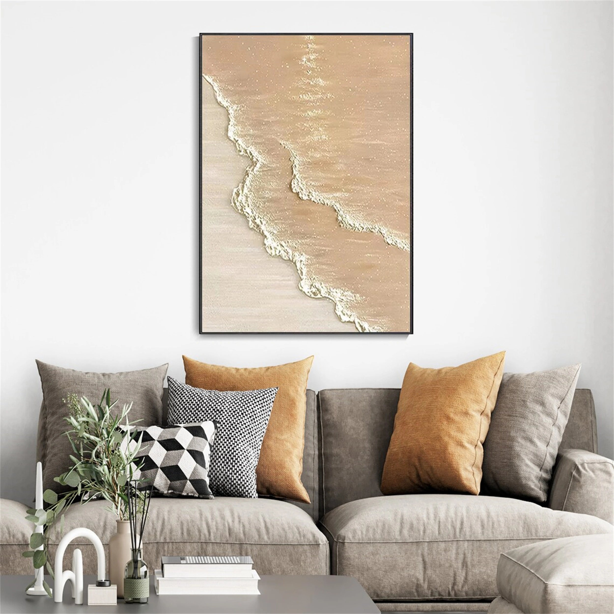 Calm Coastal Sand Textured Abstract - Beige and White Minimalist Oil Painting #JJ 133