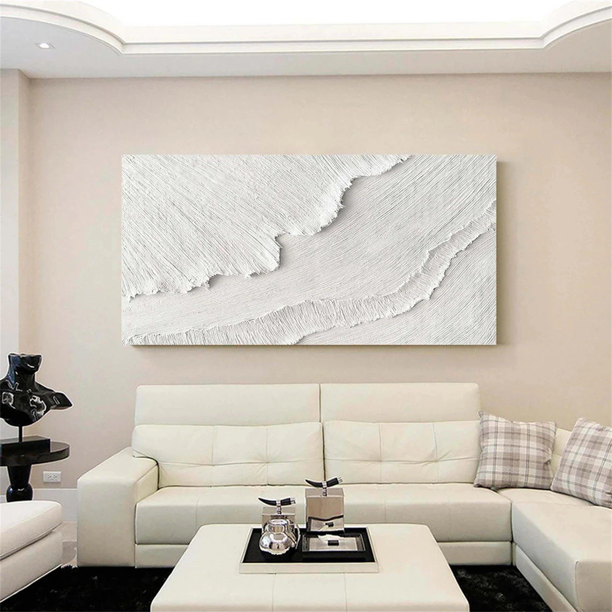 Minimalis Textured White Canvas Art - Ocean Waves Wall Decor #JJ 255