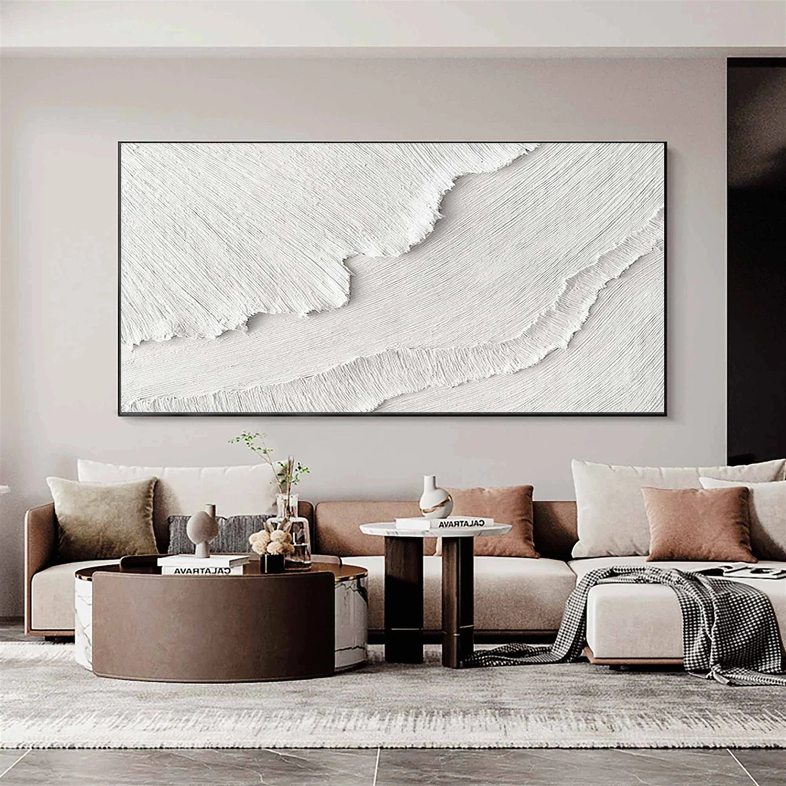 Minimalis Textured White Canvas Art - Ocean Waves Wall Decor #JJ 255