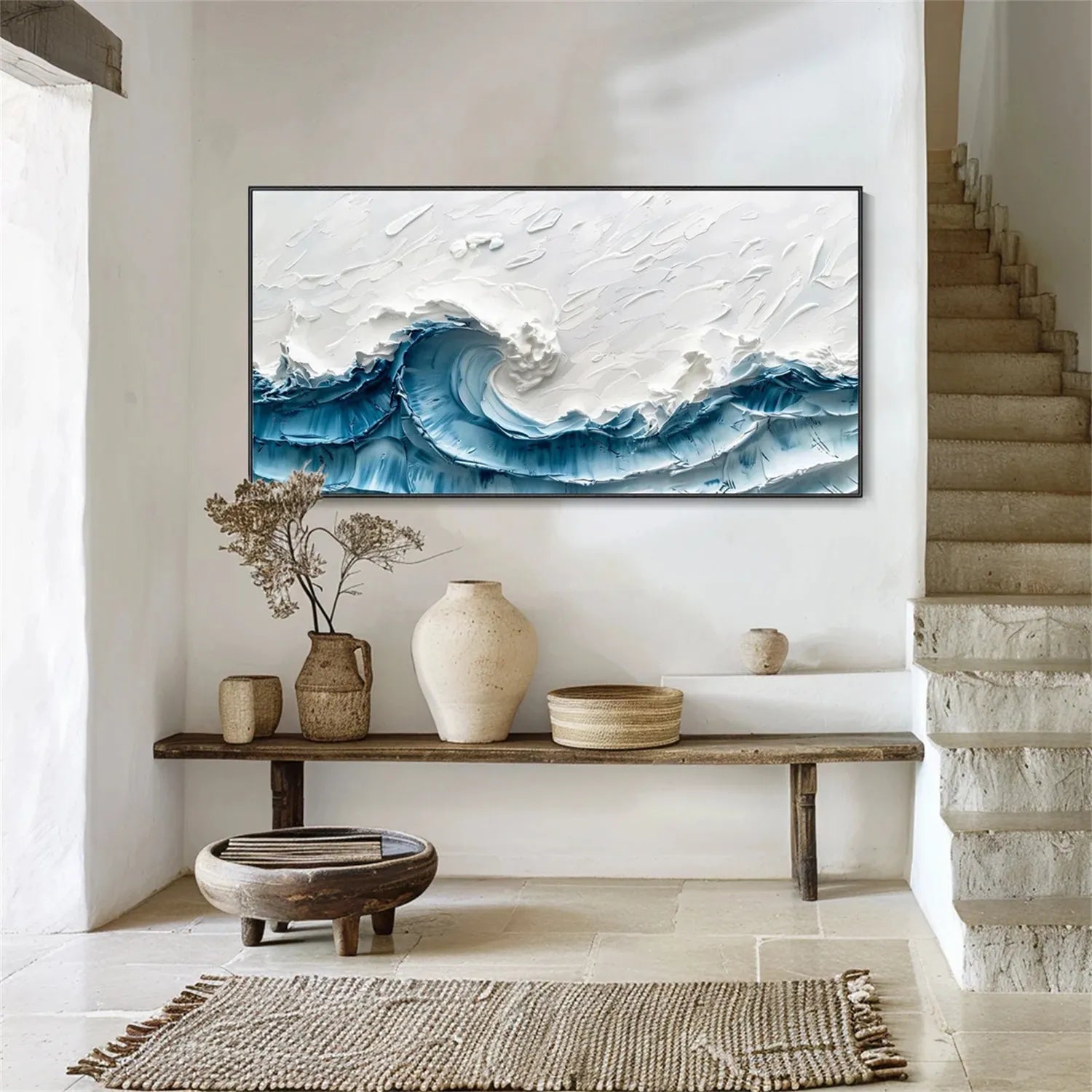 Wide Format Blue and White Textured Wave Abstract Oil Painting - Modern Ocean Wall Decor #JJ 180