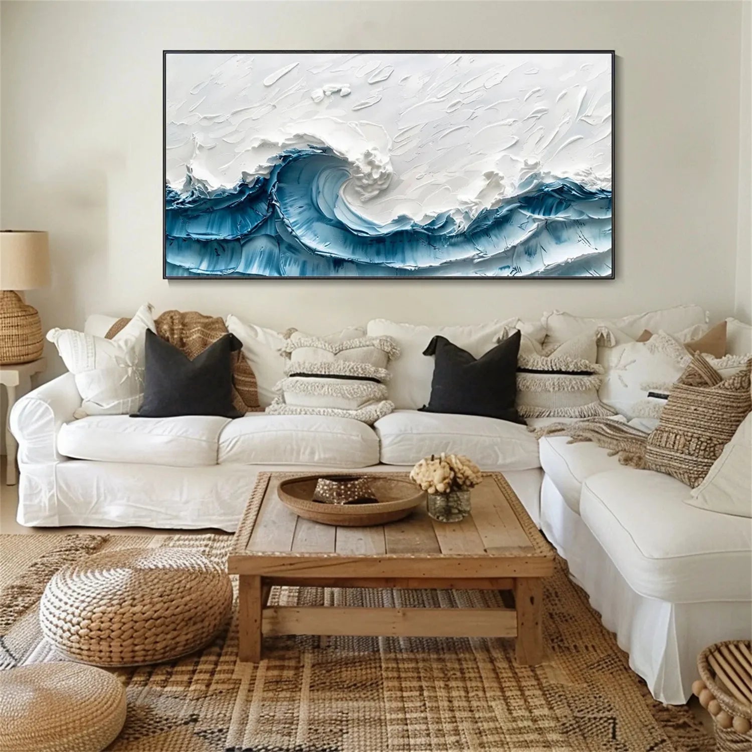 Wide Format Blue and White Textured Wave Abstract Oil Painting - Modern Ocean Wall Decor #JJ 180