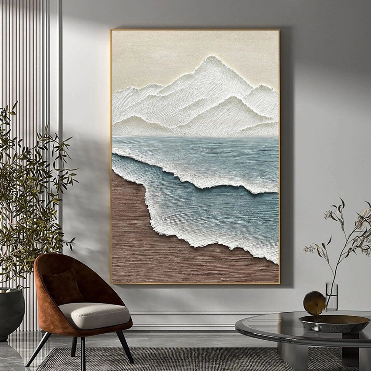White Blue Textured Mountain Sea Abstract Oil Painting - Modern Art #JJ 115
