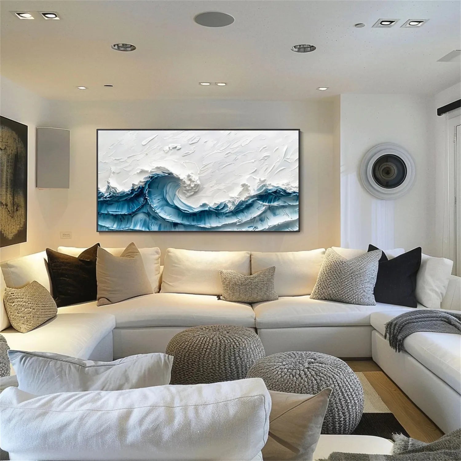 Wide Format Blue and White Textured Wave Abstract Oil Painting - Modern Ocean Wall Decor #JJ 180