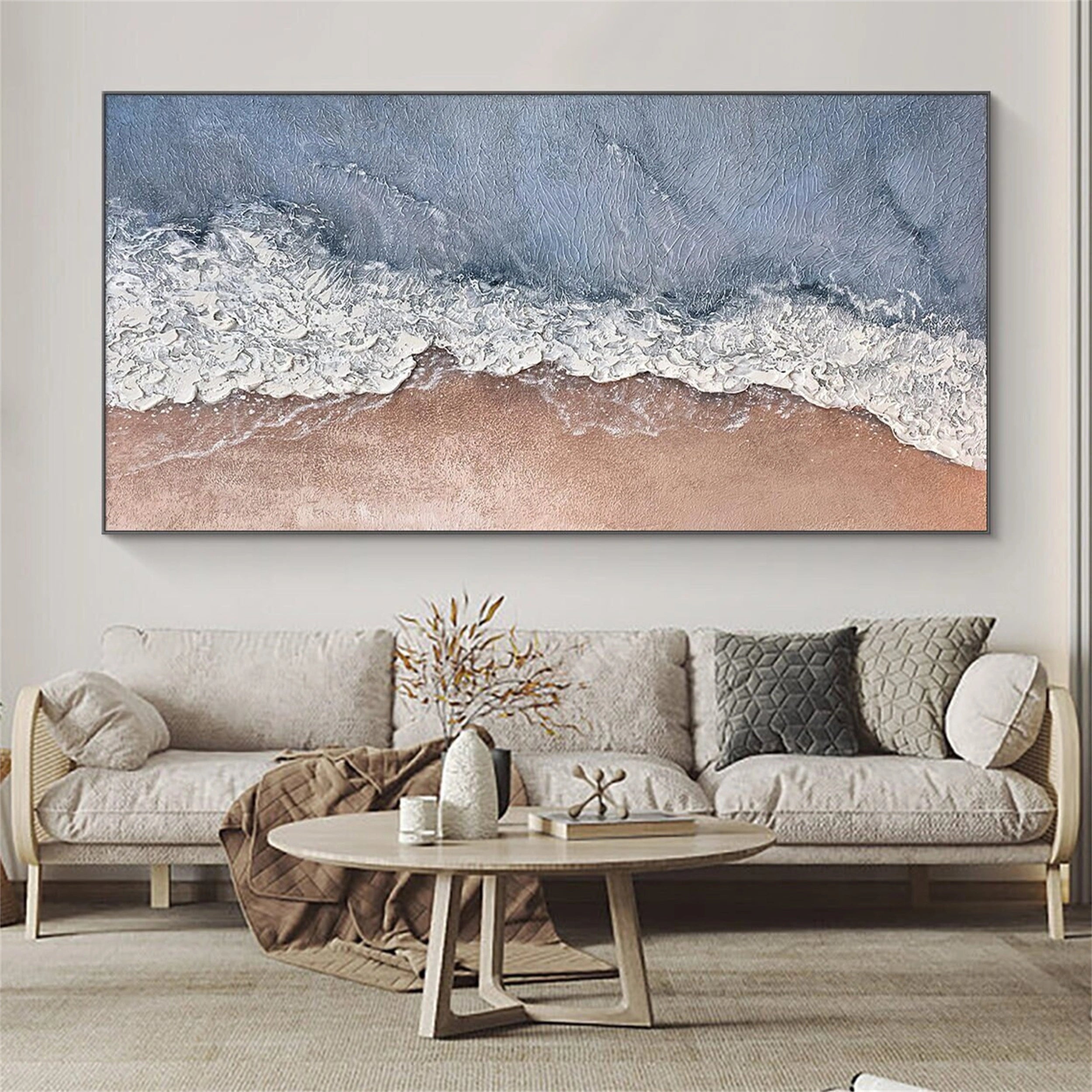 Wide Top-Down Coastal Textured Abstract - Blue White Beige Modern Oil Painting #JJ 175