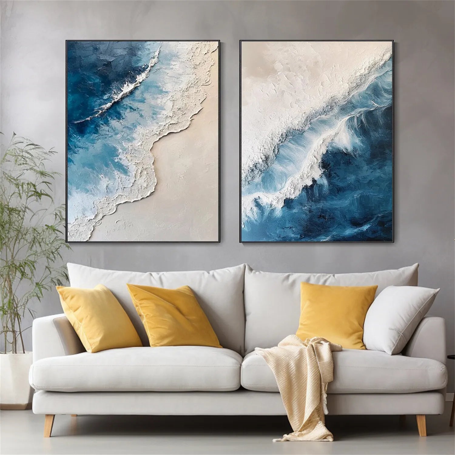 Large Abstract Ocean Wall Art Set of 2 | Textured Blue Wave Painting #ZZ 059