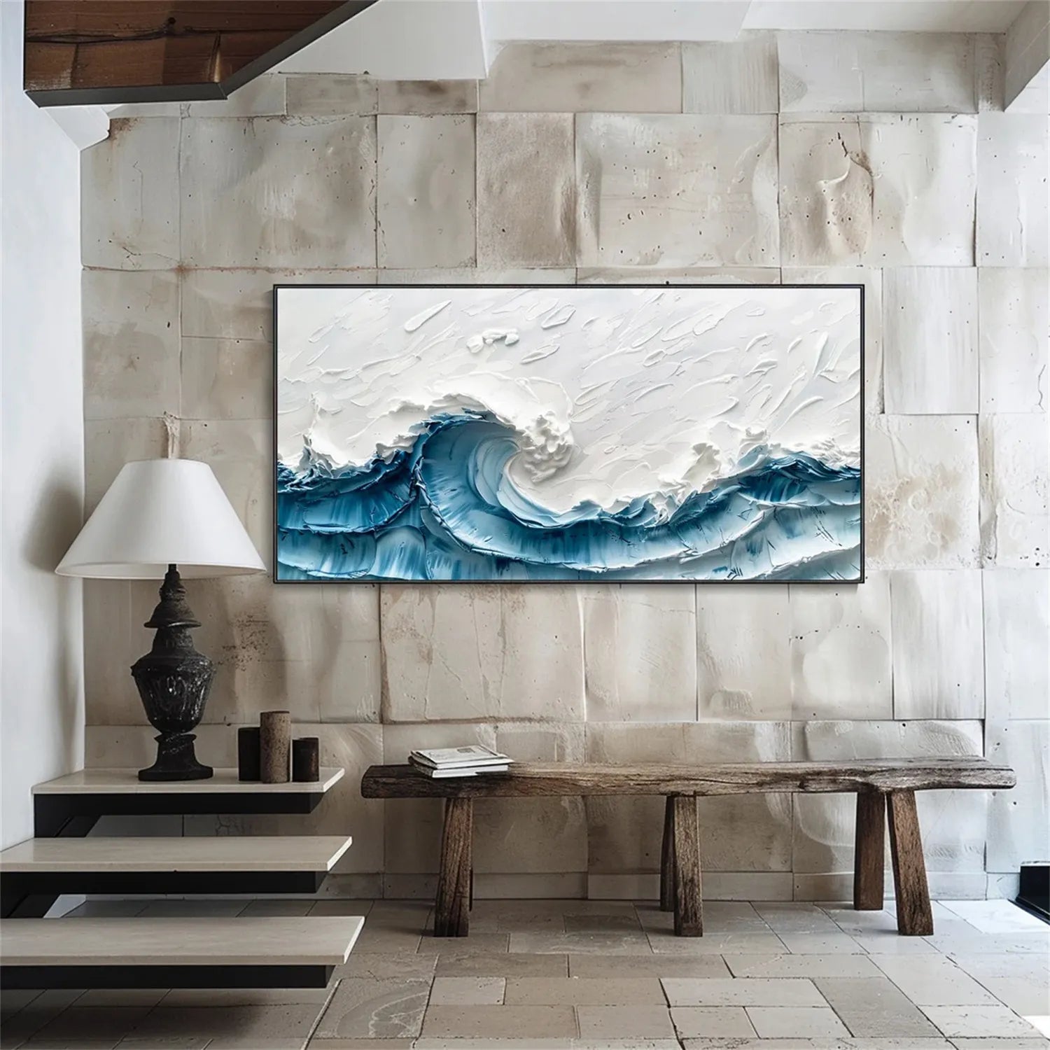 Wide Format Blue and White Textured Wave Abstract Oil Painting - Modern Ocean Wall Decor #JJ 180