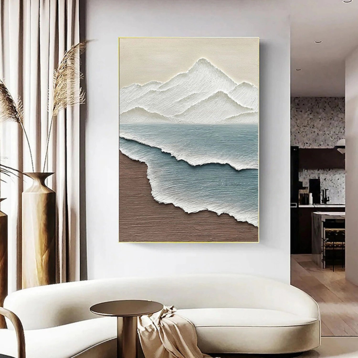 White Blue Textured Mountain Sea Abstract Oil Painting - Modern Art #JJ 115