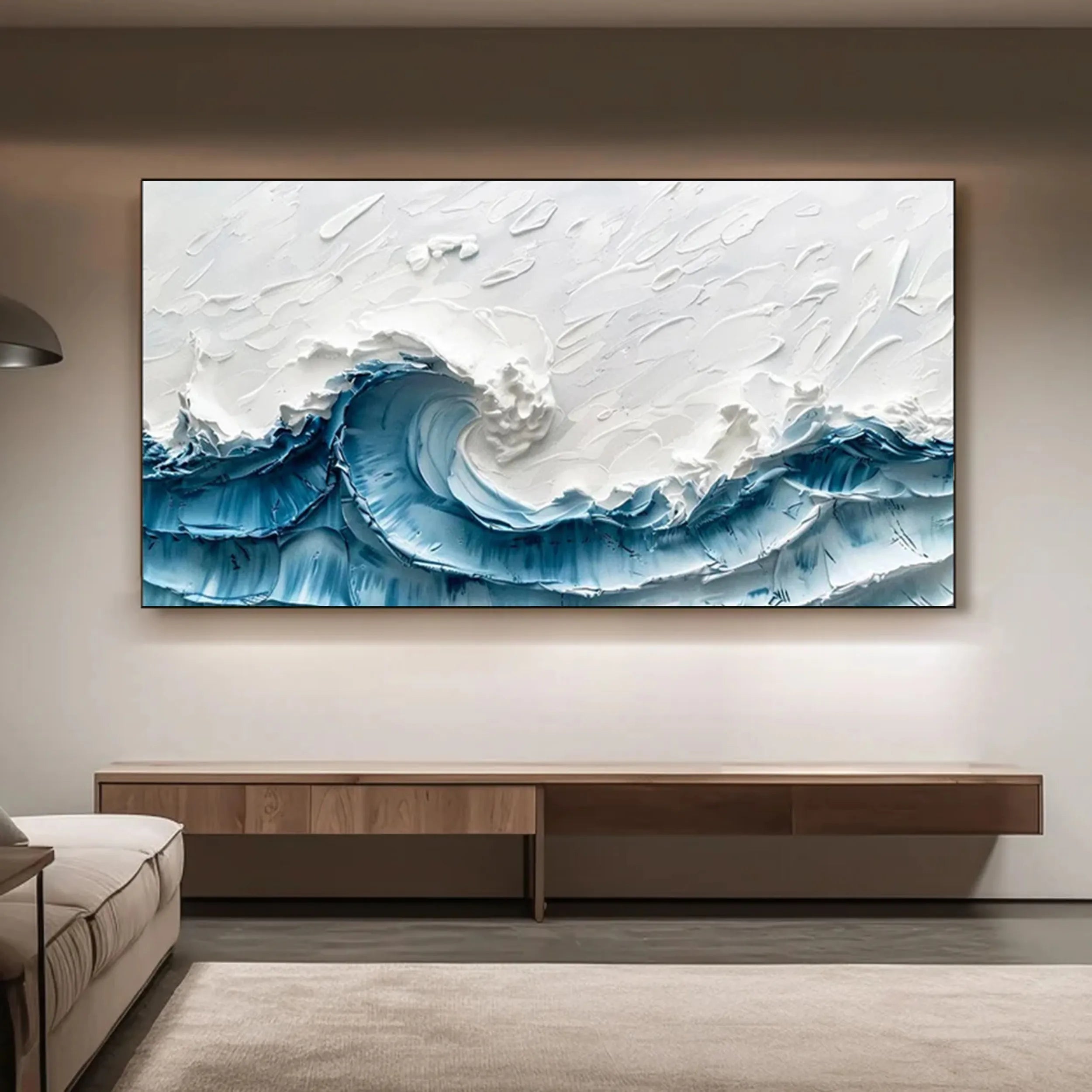Wide Format Blue and White Textured Wave Abstract Oil Painting - Modern Ocean Wall Decor #JJ 180