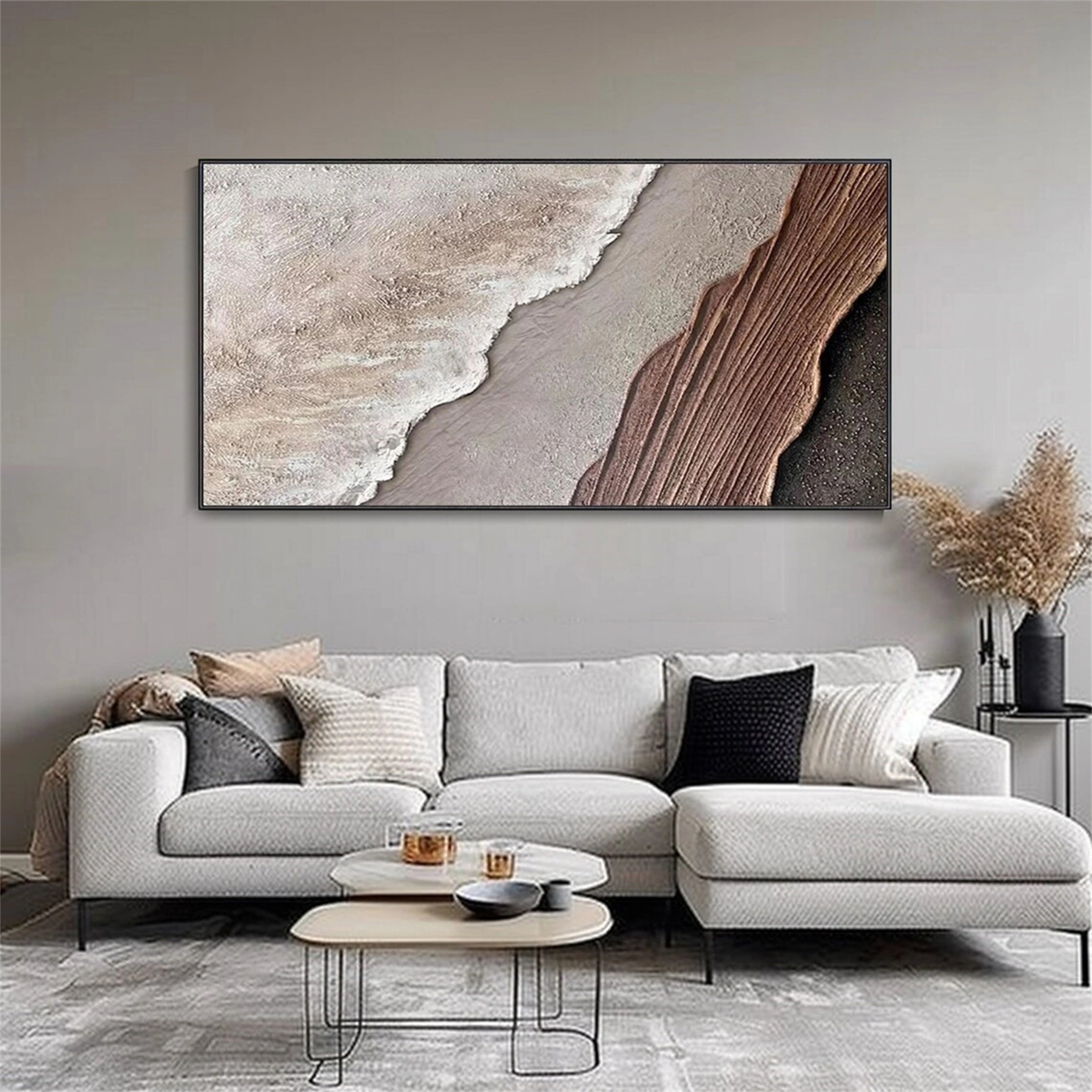 Earthbound Tide – Neutral Abstract Shoreline Painting Home Decor #JJ 259