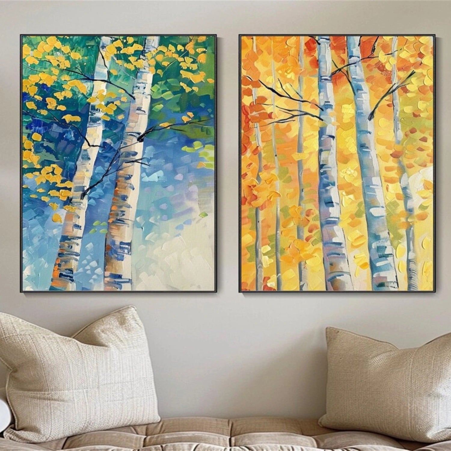 Textured Aspen Tree Set Hand-Painted Oil Paintings | Seasonal Wall Art Duo #JJ 327
