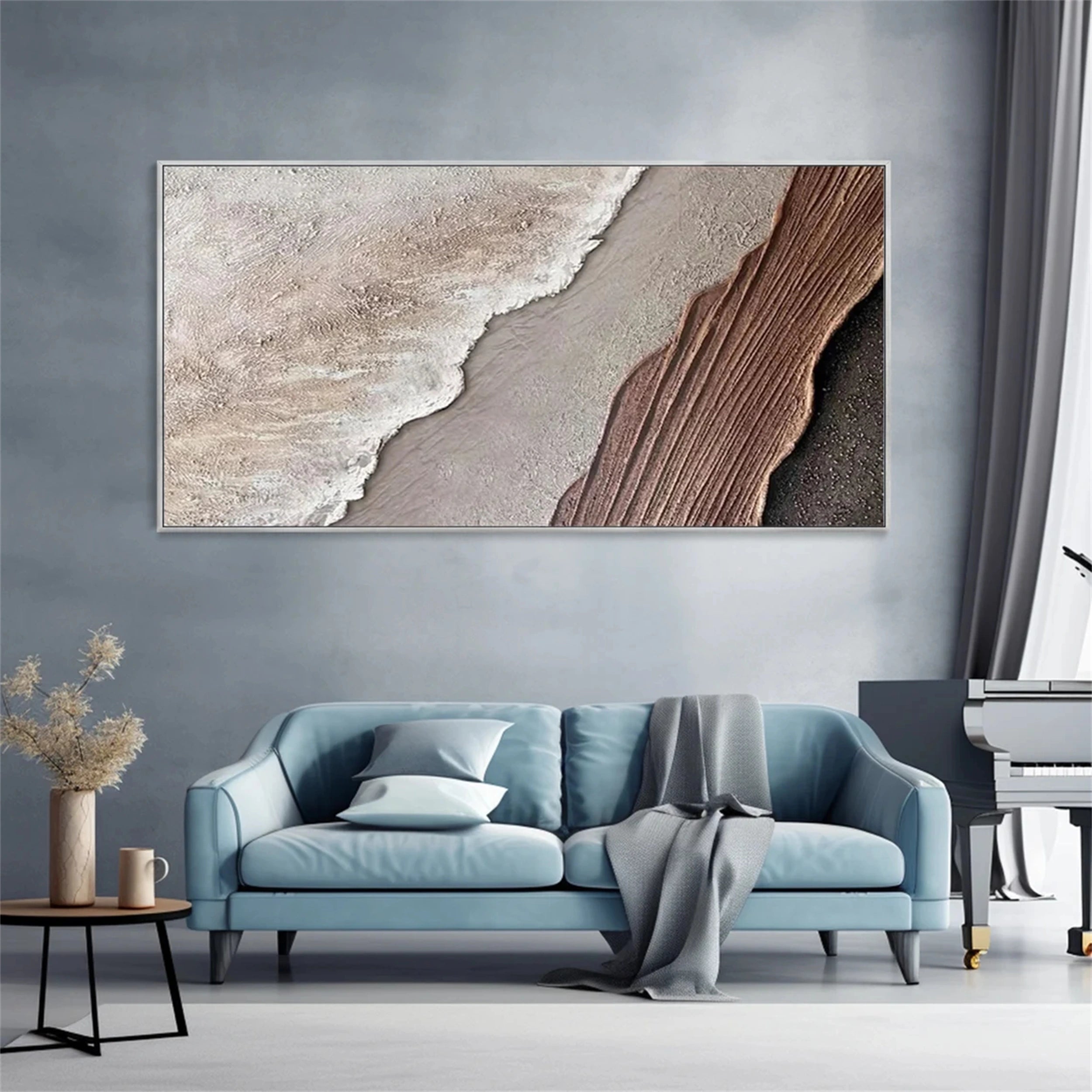 Earthbound Tide – Neutral Abstract Shoreline Painting Home Decor #JJ 259