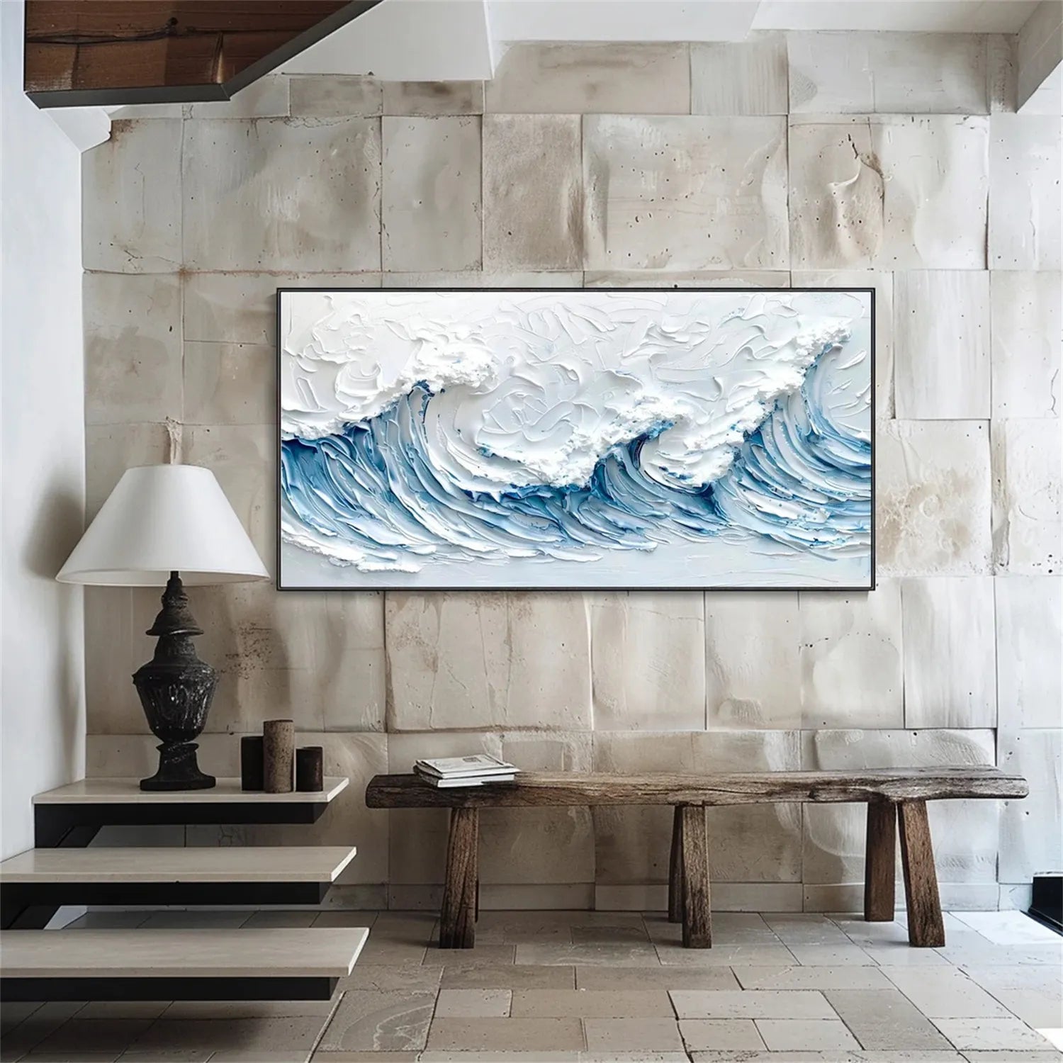 Modern Panoramic Blue Wave Textured Abstract Oil Painting - Ocean Art #JJ 179