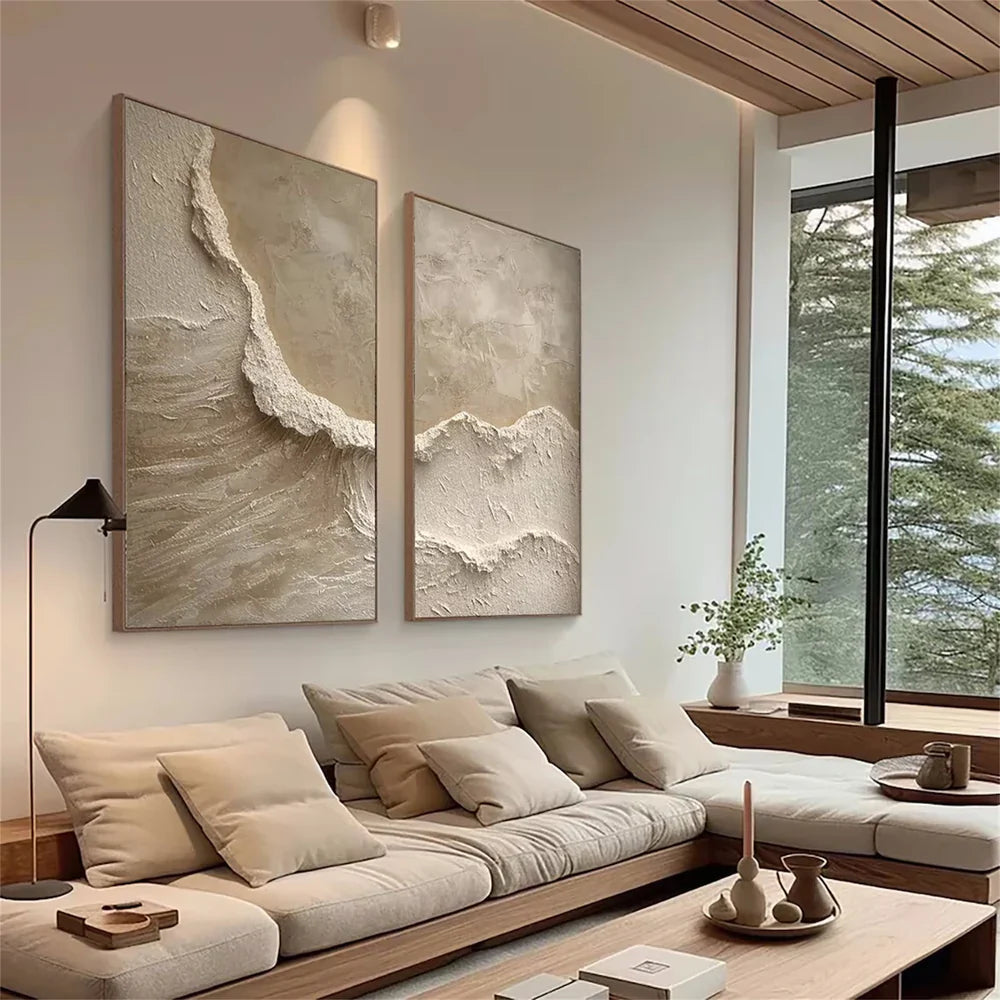 Textured Abstract Wave Oil Painting | Large Beige Wall Art Set of 2 #ZZ 010