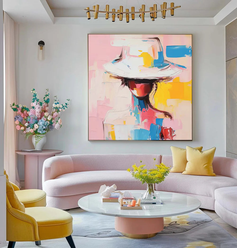 Modern Abstract Woman Oil Painting - Figure Art with Hat #JJ 048