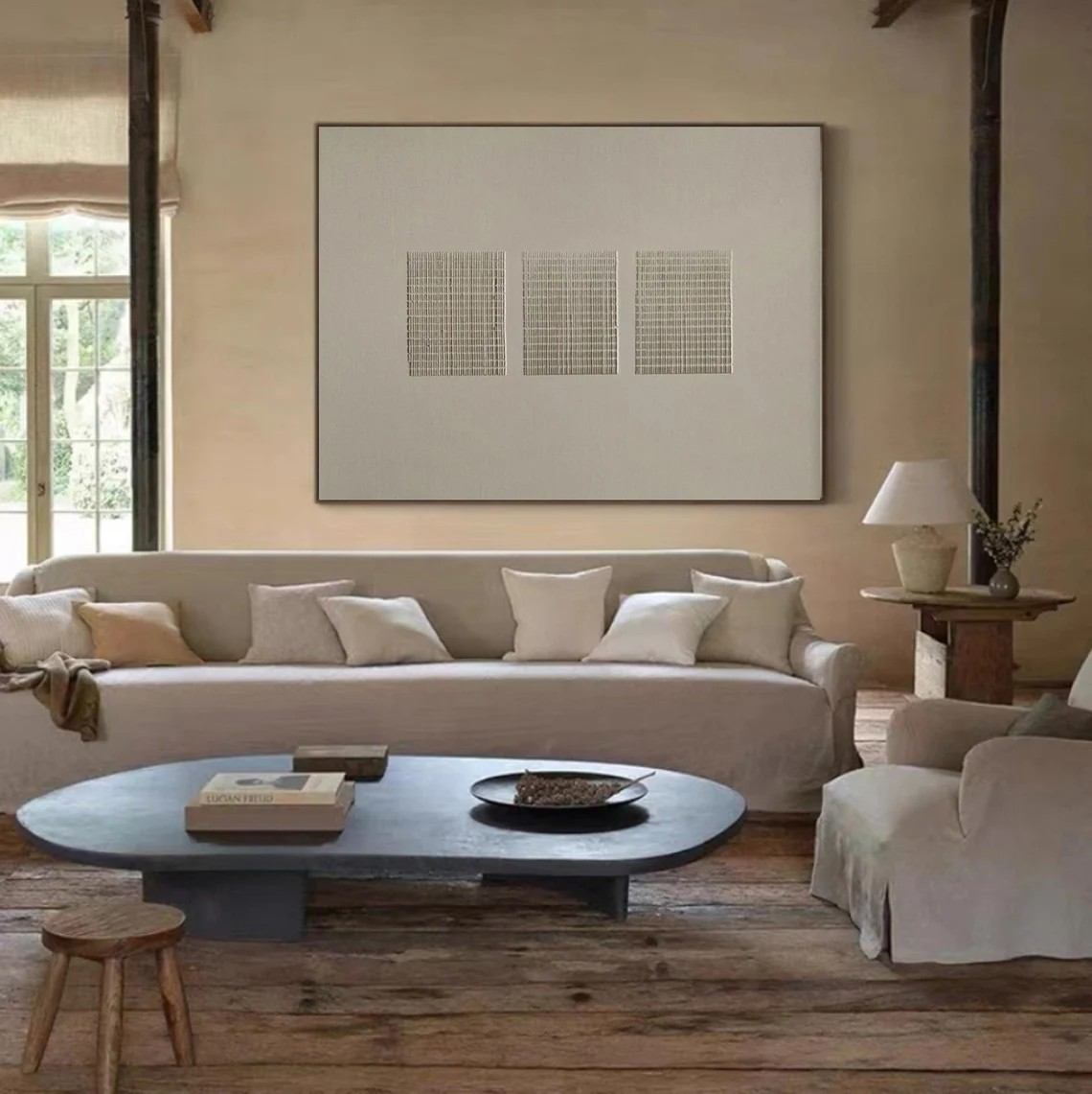 Modern Beige Wabi Sabi Art with Textured Grid for Room Decor #TC 020