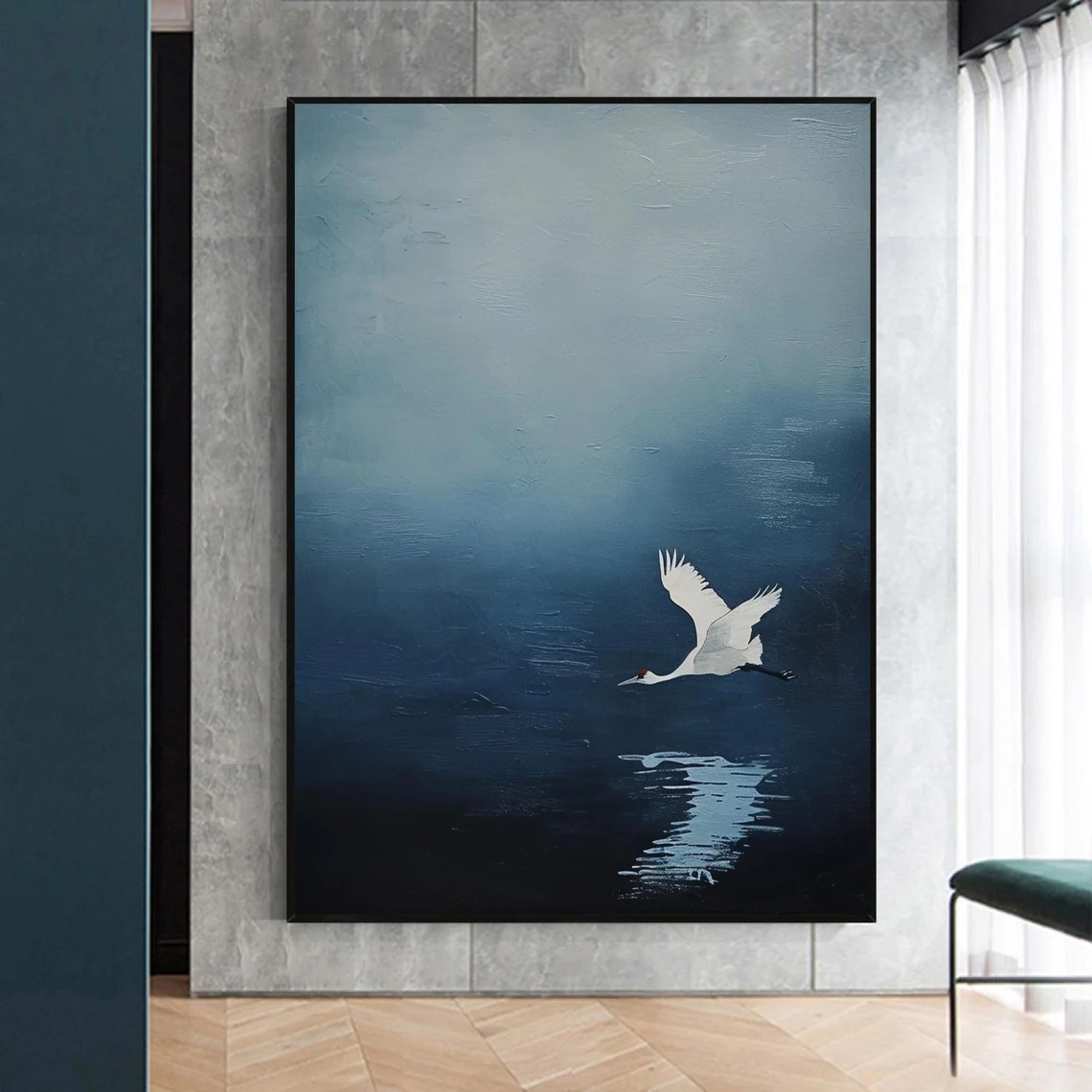 Handmade Blue Abstract Oil Painting with Crane Modern Decor #TC 030