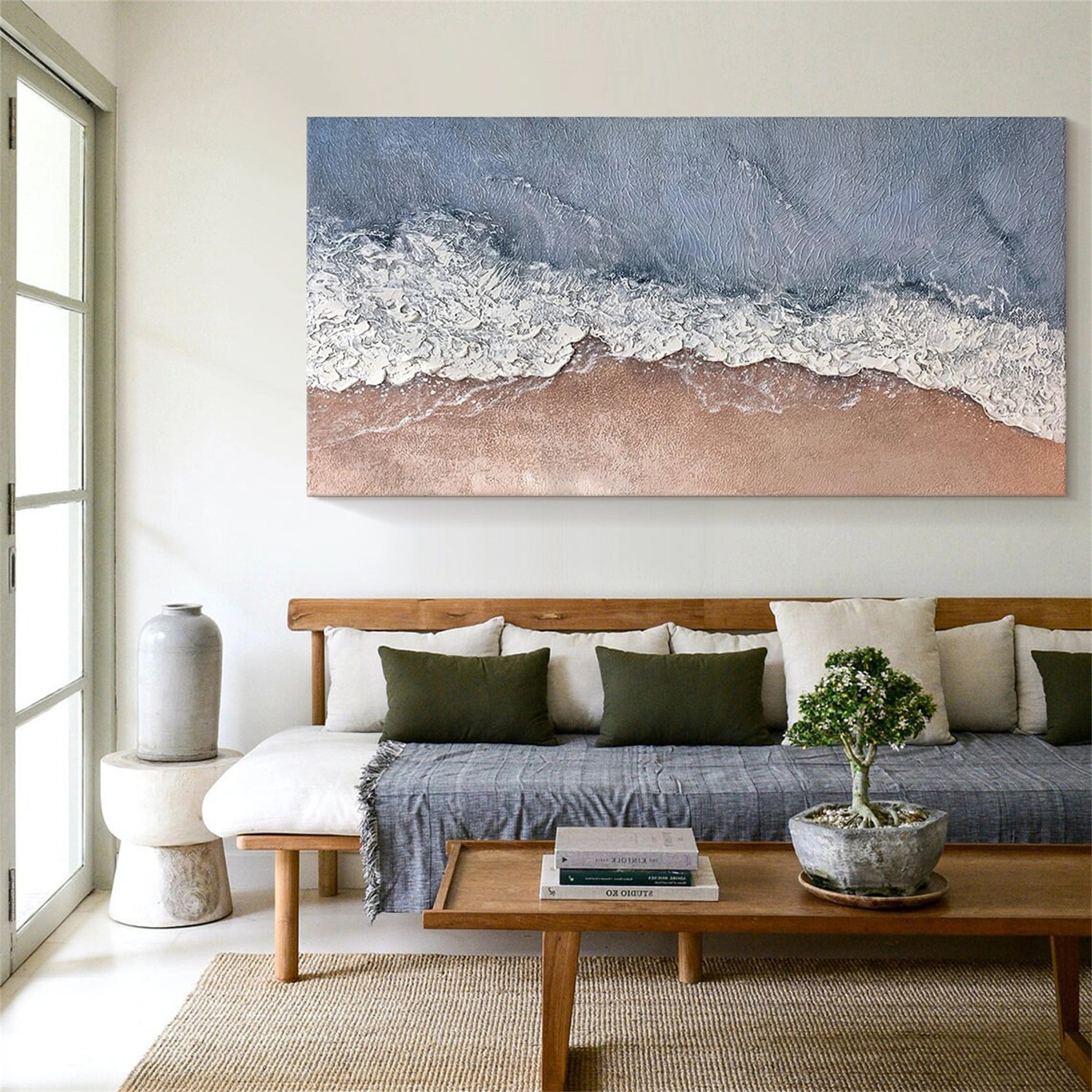 Wide Top-Down Coastal Textured Abstract - Blue White Beige Modern Oil Painting #JJ 175