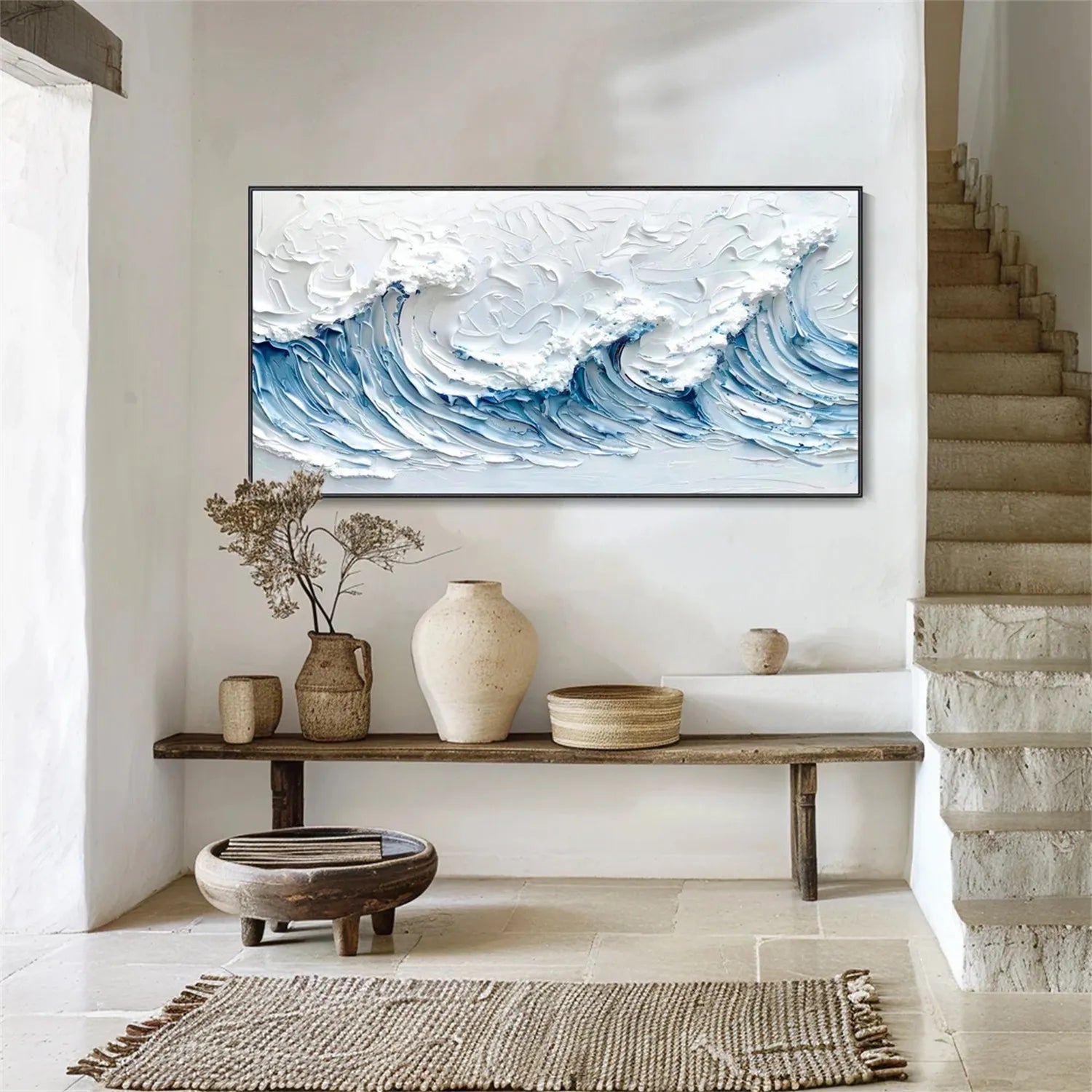 Modern Panoramic Blue Wave Textured Abstract Oil Painting - Ocean Art #JJ 179