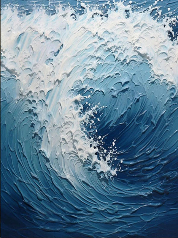 Dynamic Ocean Wave Textured Abstract - Blue and White Modern Oil Painting #JJ 117