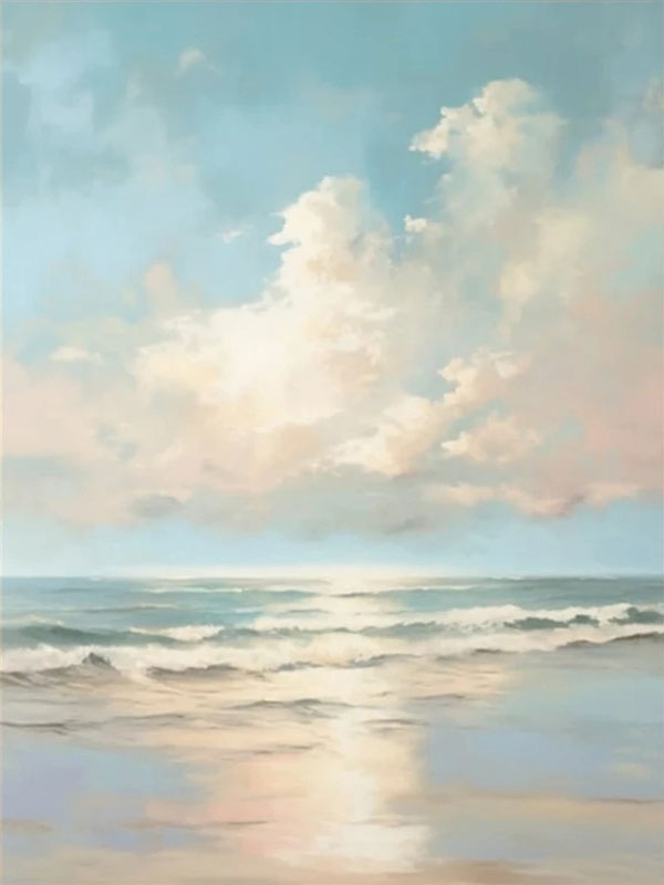 Calm Coastal Sky and Sea Abstract - Soft Blue and Beige Oil Painting #JJ 118