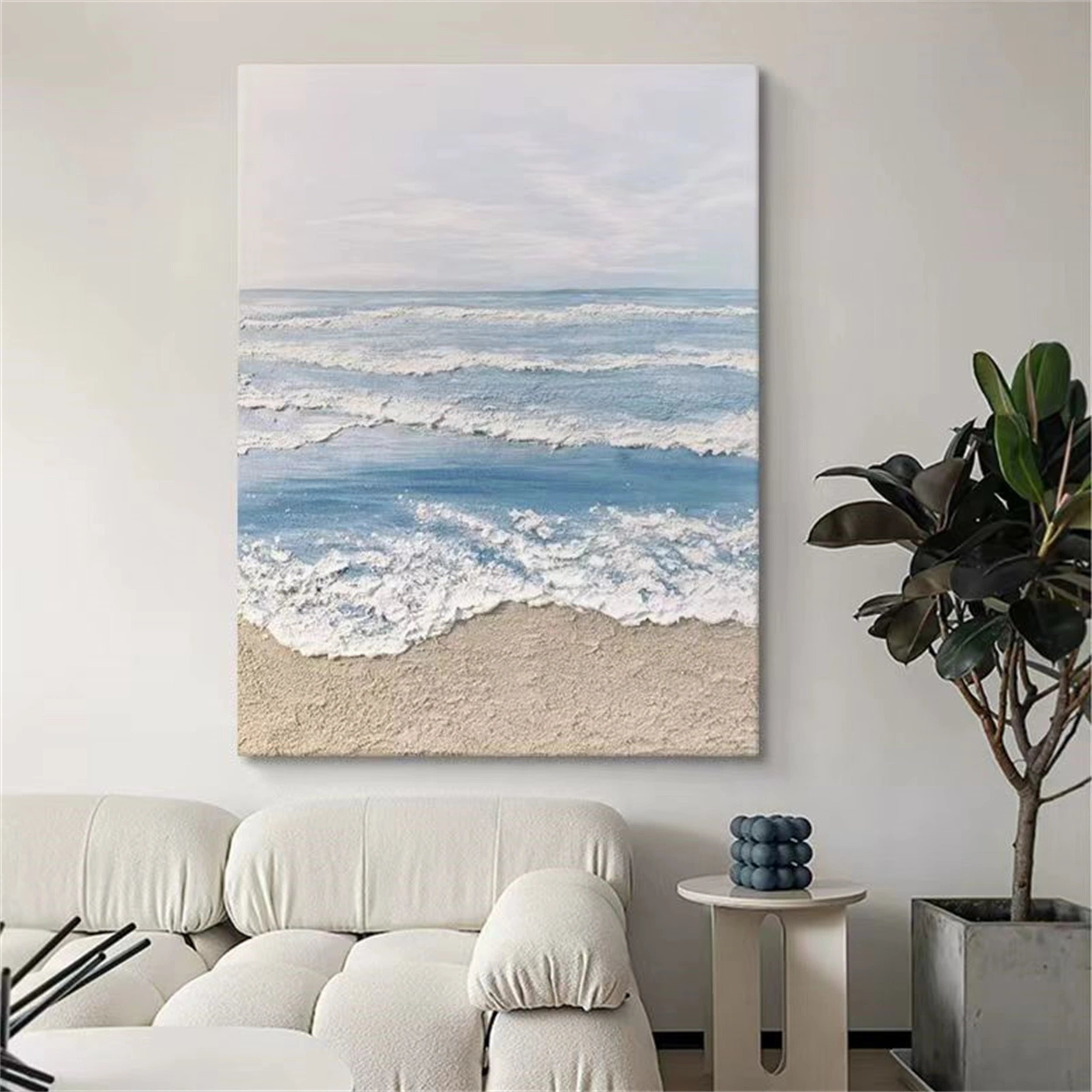 Blue White Beige Textured Beach Abstract Oil Painting - Modern Serene Art #JJ 131