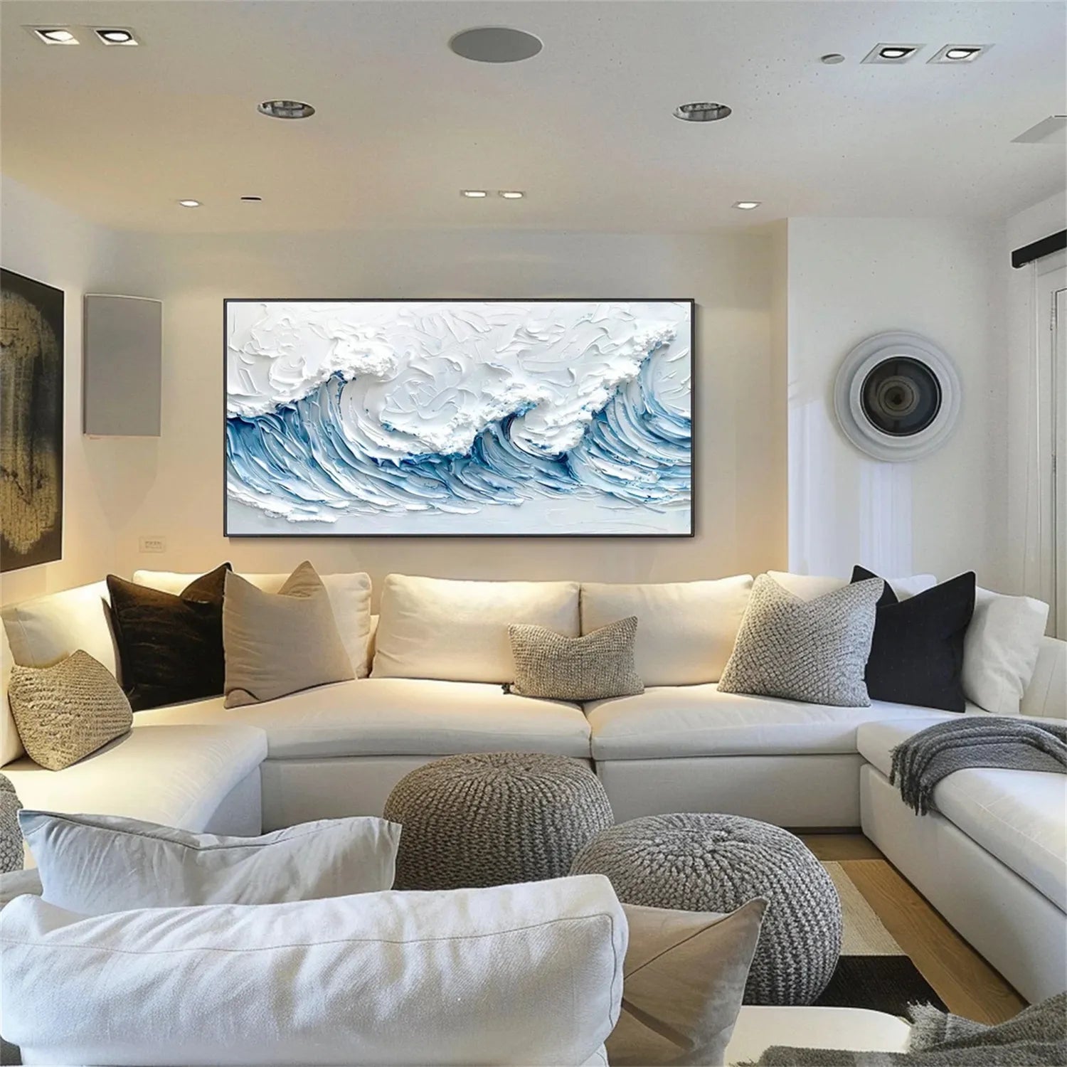 Modern Panoramic Blue Wave Textured Abstract Oil Painting - Ocean Art #JJ 179